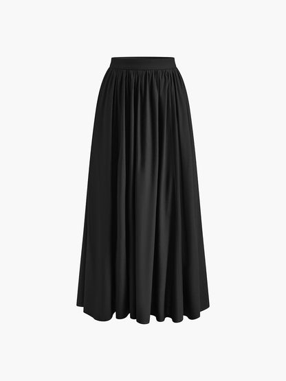 Annette | Women's High Waist Pleated A-Line Maxi Skirt with Pockets