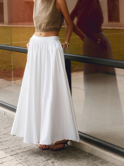 Annette | Women's High Waist Pleated A-Line Maxi Skirt with Pockets