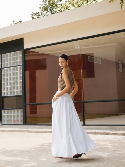 Annette | Women's High Waist Pleated A-Line Maxi Skirt with Pockets