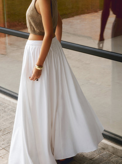 Annette | Women's High Waist Pleated A-Line Maxi Skirt with Pockets