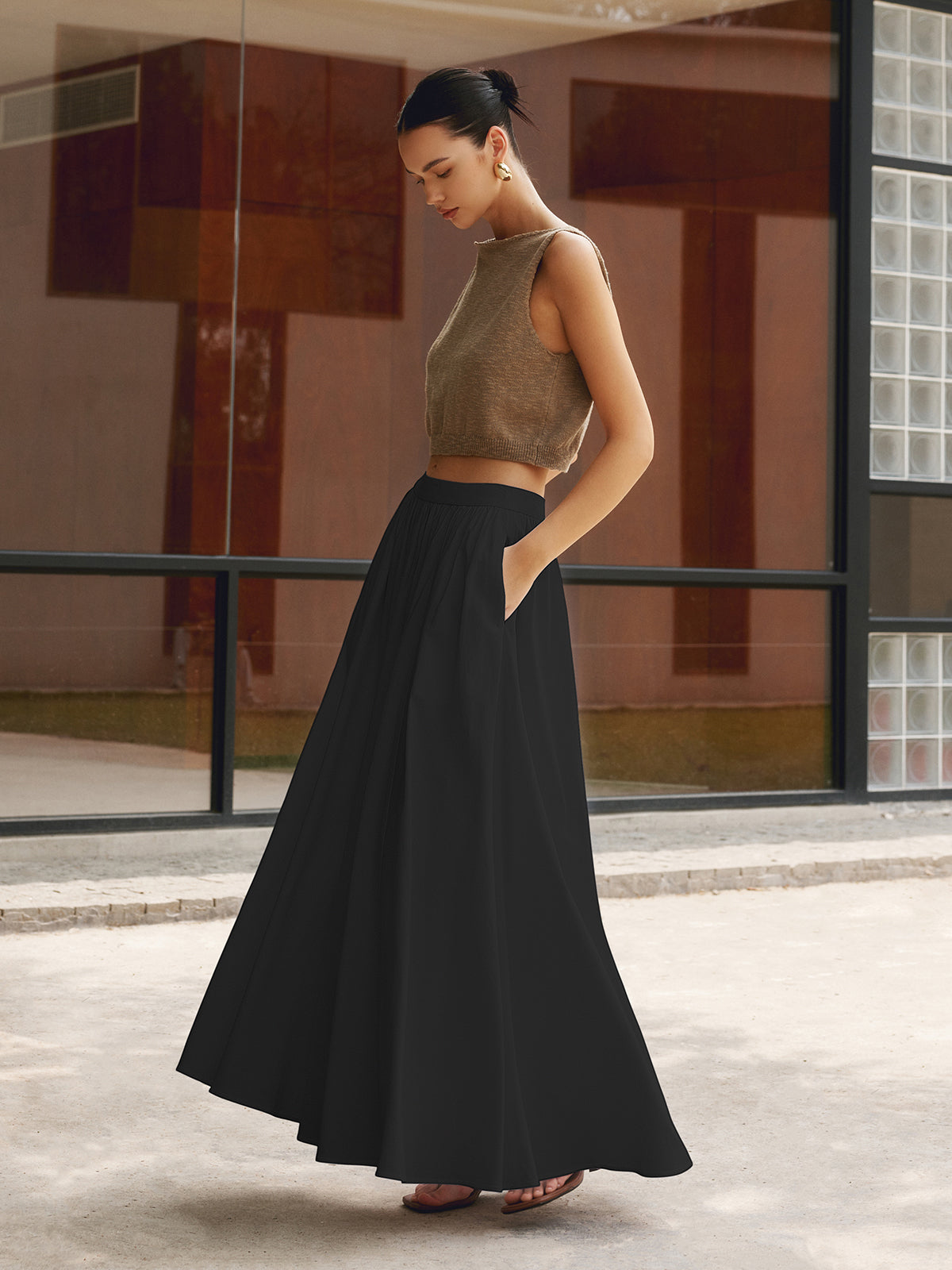 Annette | Women's High Waist Pleated A-Line Maxi Skirt with Pockets