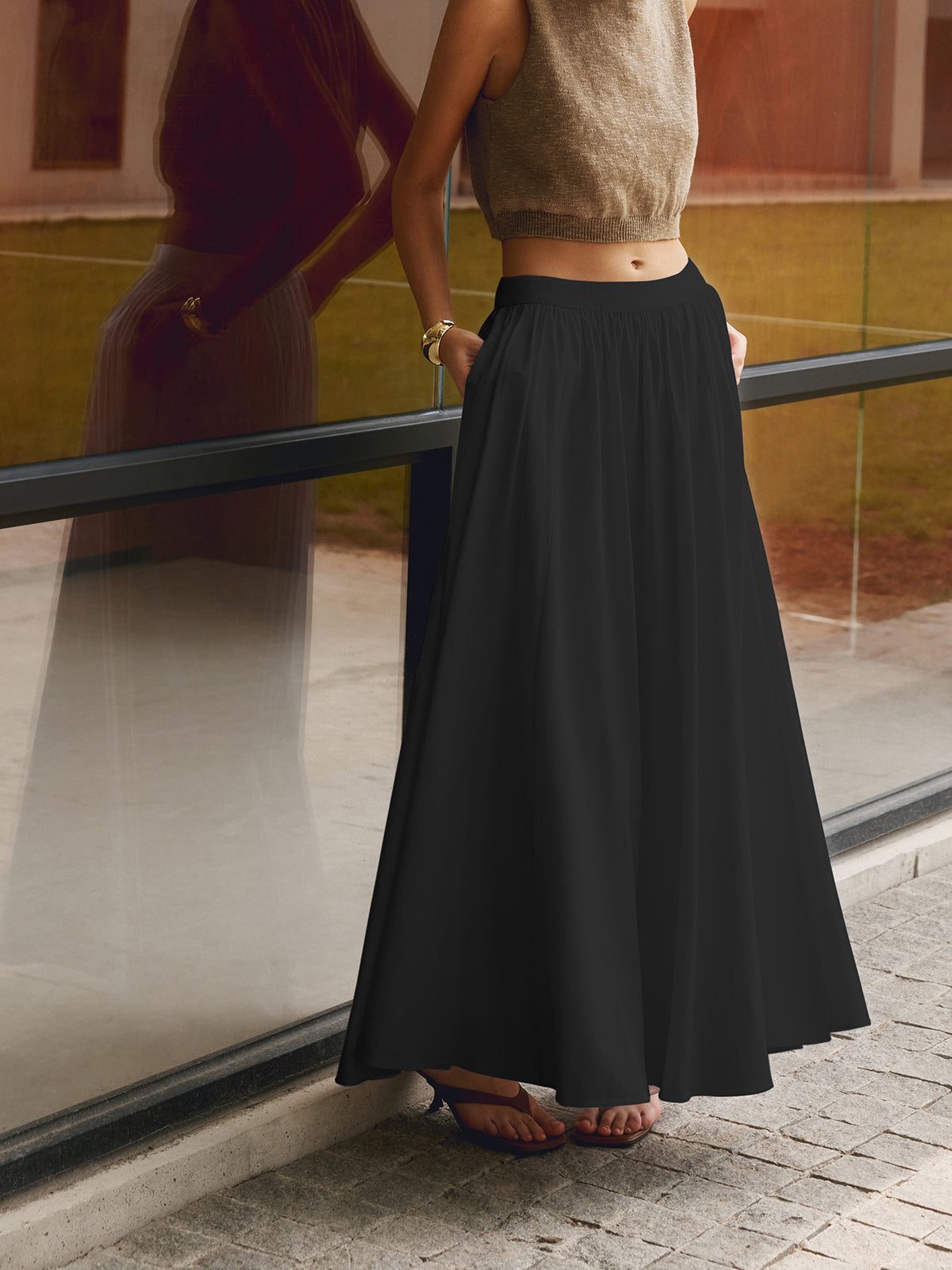 Annette | Women's High Waist Pleated A-Line Maxi Skirt with Pockets