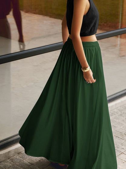 Annette | Women's High Waist Pleated A-Line Maxi Skirt with Pockets
