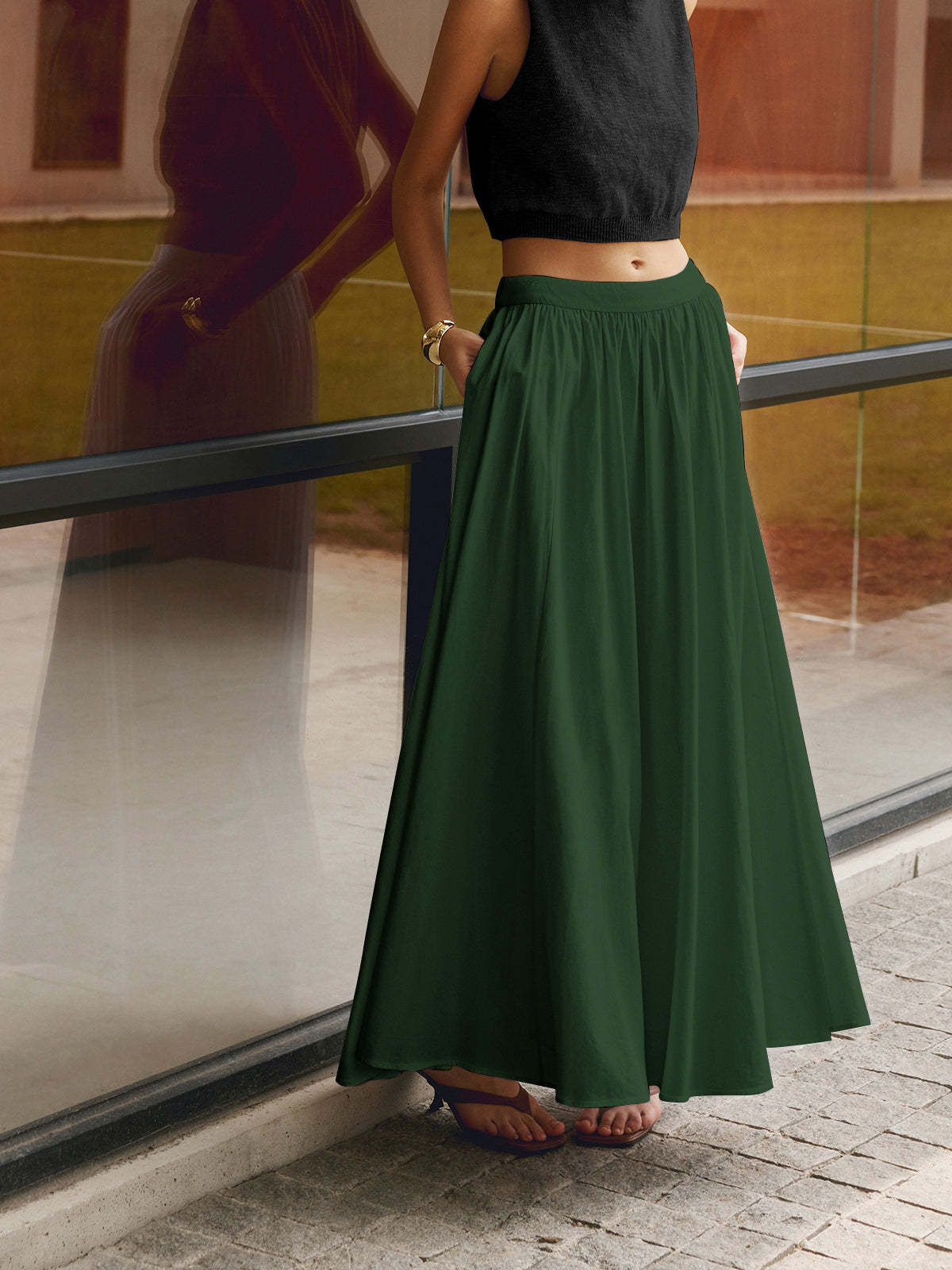 Annette | Women's High Waist Pleated A-Line Maxi Skirt with Pockets