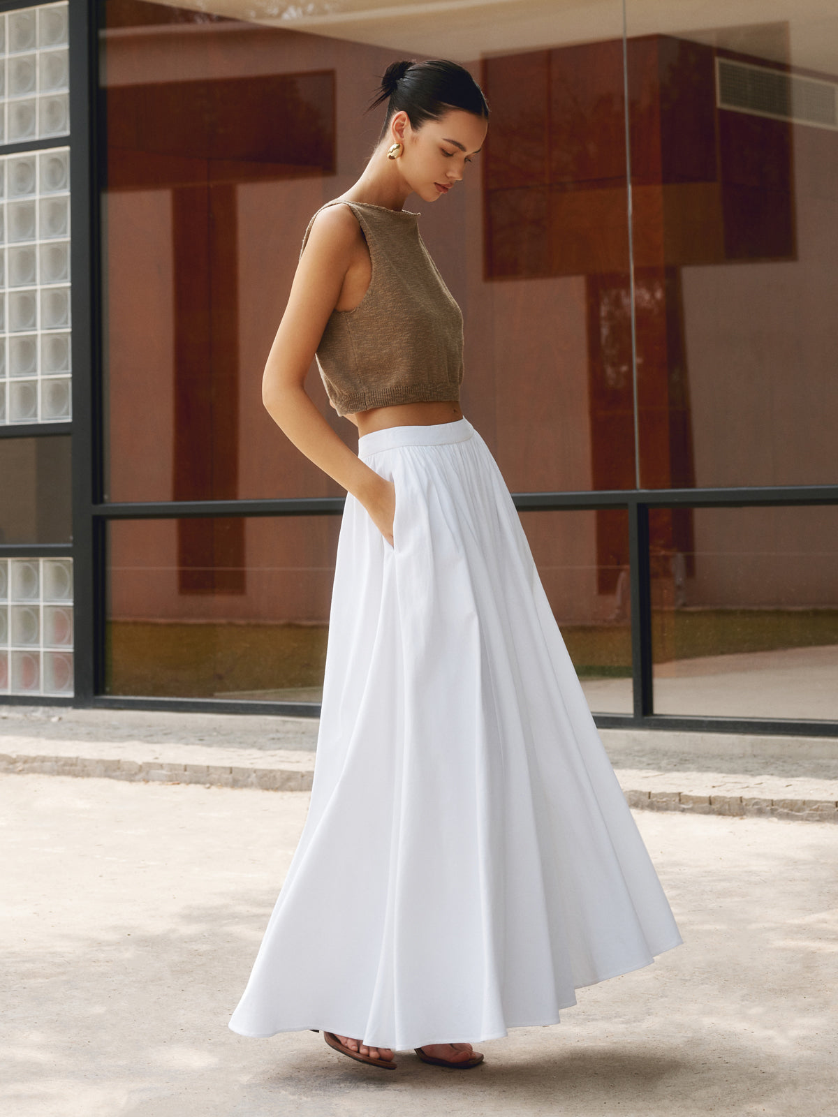 Annette | Women's High Waist Pleated A-Line Maxi Skirt with Pockets