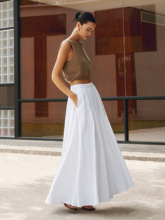Annette | Women's High Waist Pleated A-Line Maxi Skirt with Pockets – Maxi, Pleated