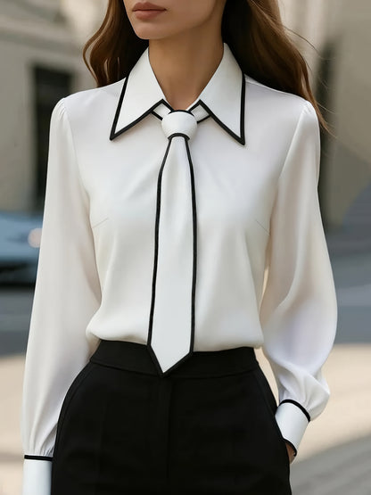 Jessica | Women's Long Sleeve Tie Neck Blouse Contrast Collar – Long Sleeve, Casual