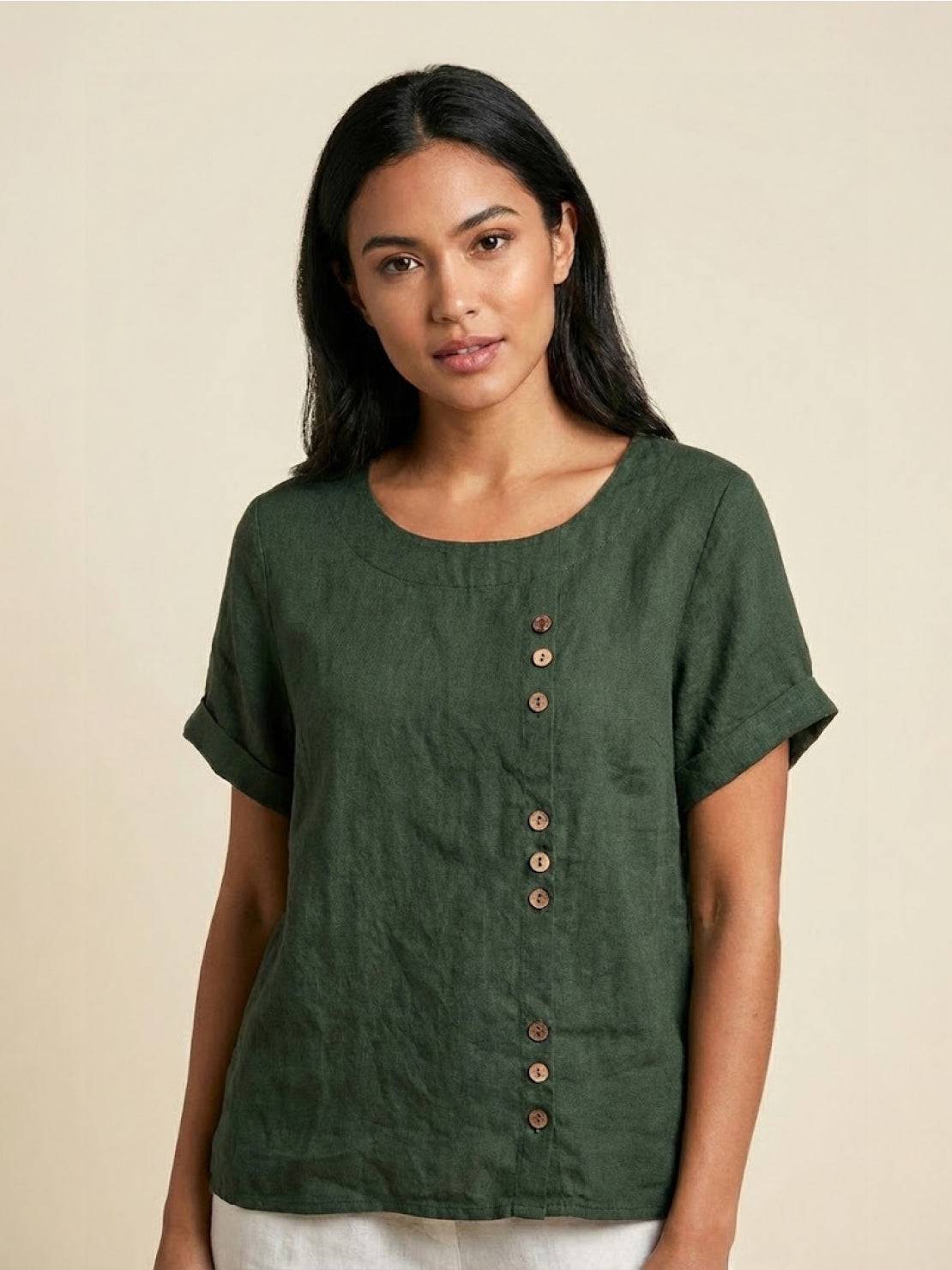 Rhonda | Women's Casual Scoop Neck Button Detail Short Sleeve Top – Short Sleeve, Casual