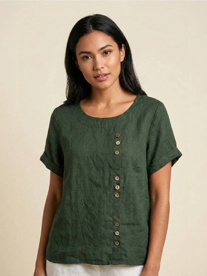 Rhonda | Women's Casual Scoop Neck Button Detail Short Sleeve Top – Short Sleeve, Casual