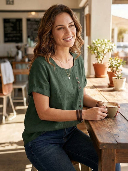 Rhonda | Women's Casual Scoop Neck Button Detail Short Sleeve Top – Short Sleeve, Casual