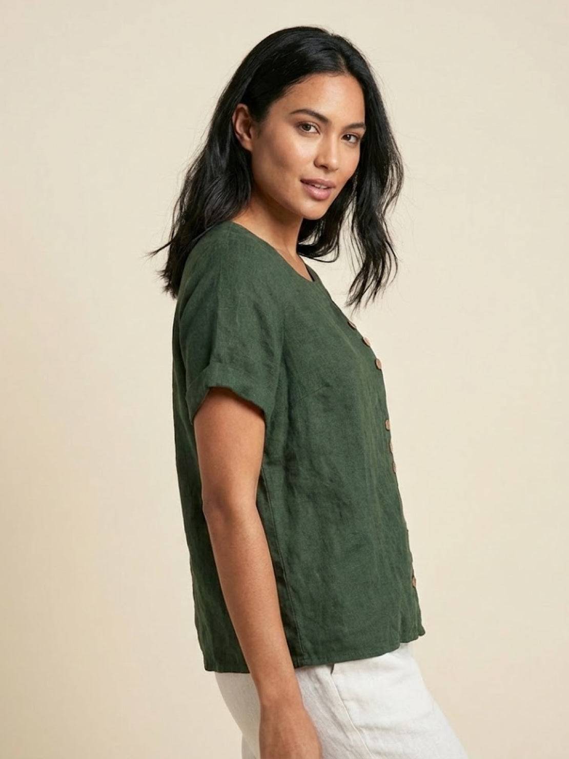 Rhonda | Women's Casual Scoop Neck Button Detail Short Sleeve Top – Short Sleeve, Casual