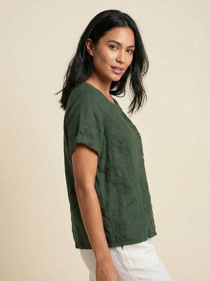 Rhonda | Women's Casual Scoop Neck Button Detail Short Sleeve Top – Short Sleeve, Casual