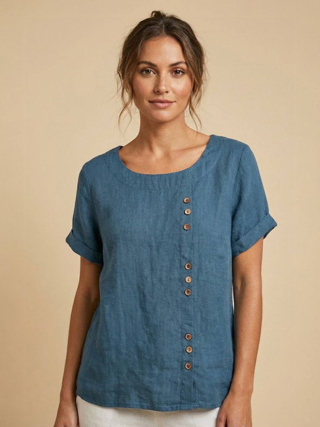 Rhonda | Women's Casual Scoop Neck Button Detail Short Sleeve Top – Short Sleeve, Casual