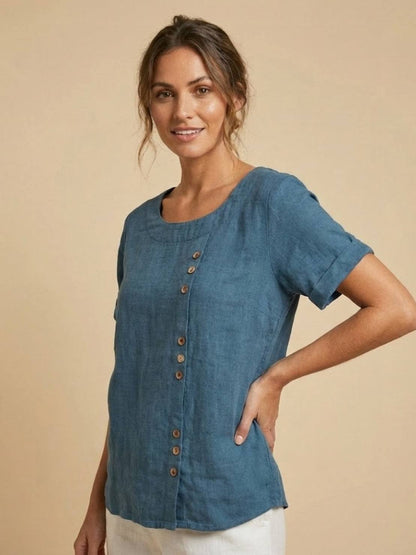 Rhonda | Women's Casual Scoop Neck Button Detail Short Sleeve Top – Short Sleeve, Casual
