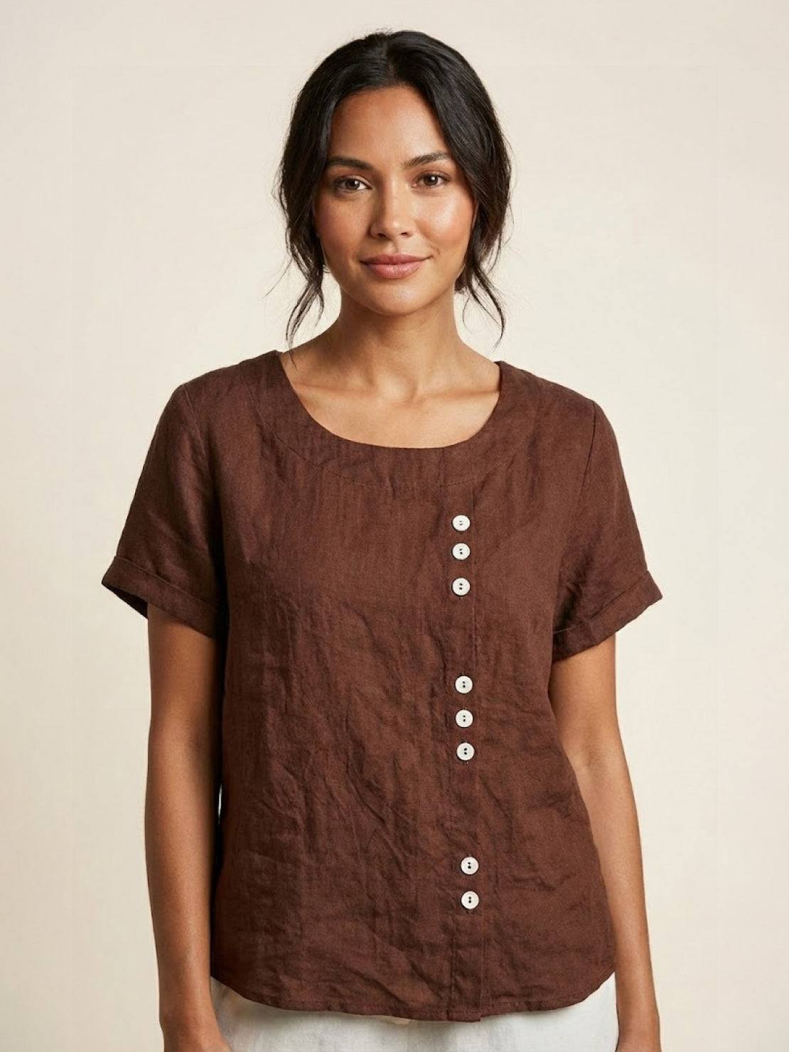 Rhonda | Women's Casual Scoop Neck Button Detail Short Sleeve Top – Short Sleeve, Casual