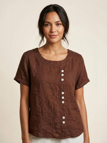 Rhonda | Women's Casual Scoop Neck Button Detail Short Sleeve Top – Short Sleeve, Casual