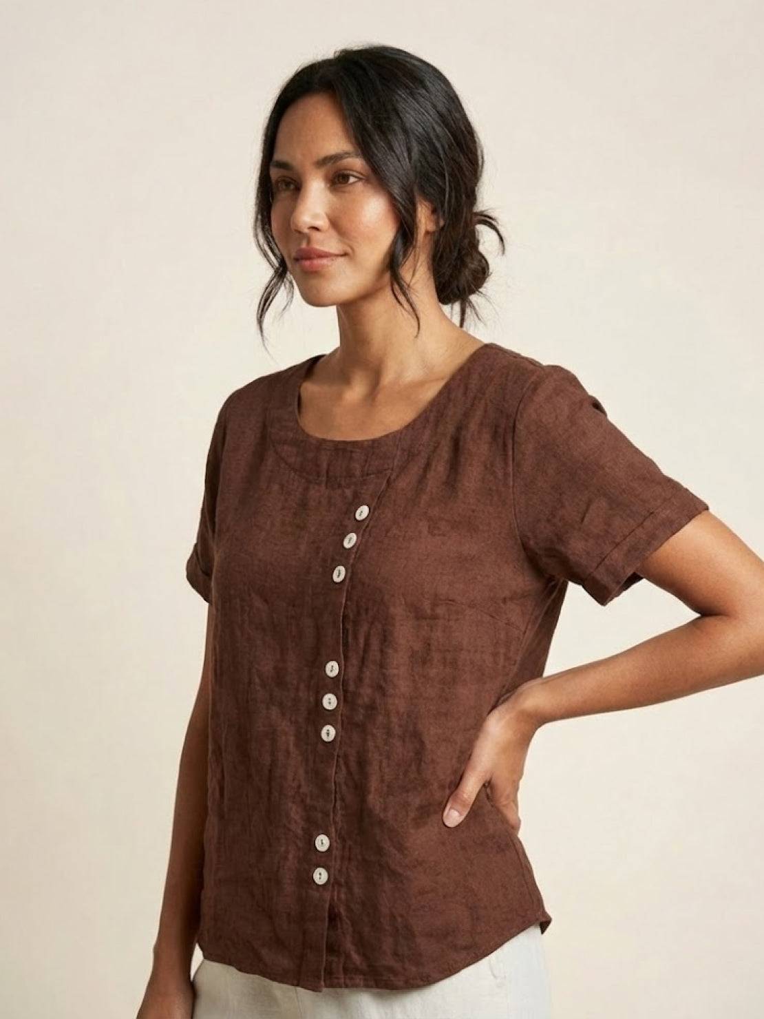 Rhonda | Women's Casual Scoop Neck Button Detail Short Sleeve Top – Short Sleeve, Casual