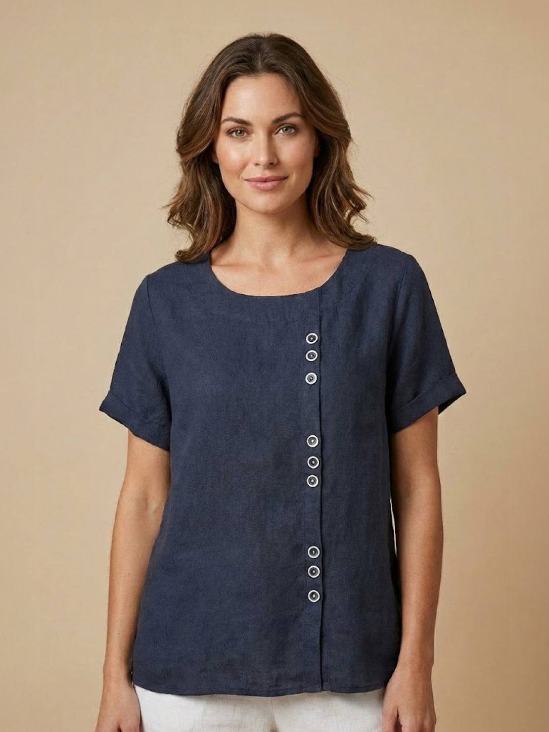 Rhonda | Women's Casual Scoop Neck Button Detail Short Sleeve Top – Short Sleeve, Casual