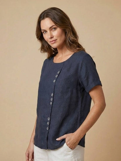 Rhonda | Women's Casual Scoop Neck Button Detail Short Sleeve Top – Short Sleeve, Casual
