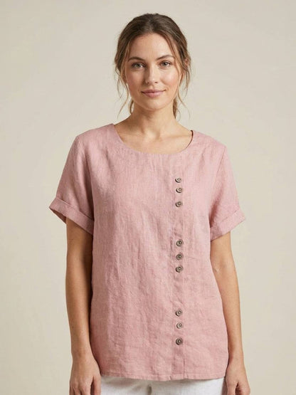 Rhonda | Women's Casual Scoop Neck Button Detail Short Sleeve Top – Short Sleeve, Casual