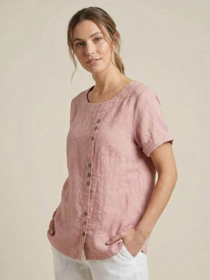 Rhonda | Women's Casual Scoop Neck Button Detail Short Sleeve Top – Short Sleeve, Casual