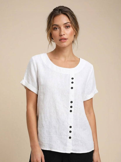 Rhonda | Women's Casual Scoop Neck Button Detail Short Sleeve Top – Short Sleeve, Casual