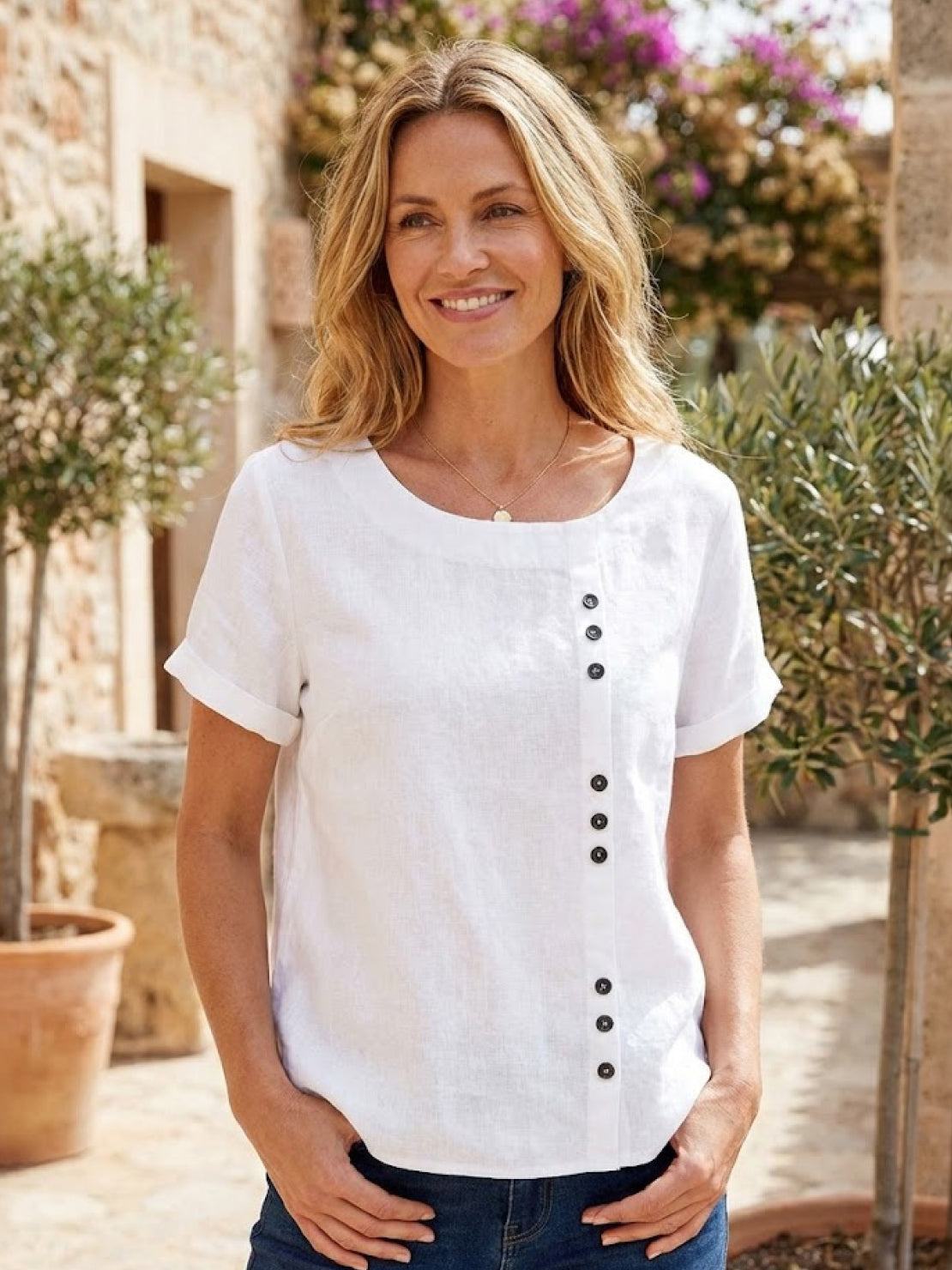 Rhonda | Women's Casual Scoop Neck Button Detail Short Sleeve Top – Short Sleeve, Casual