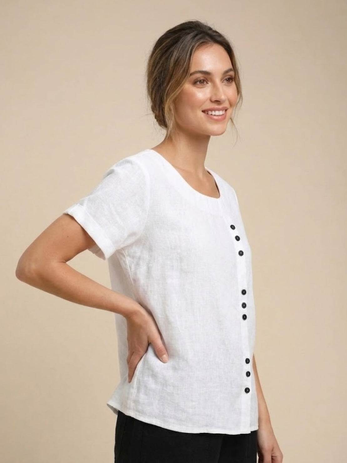 Rhonda | Women's Casual Scoop Neck Button Detail Short Sleeve Top – Short Sleeve, Casual