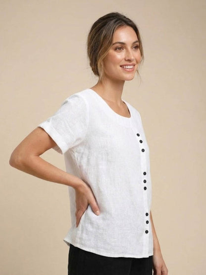 Rhonda | Women's Casual Scoop Neck Button Detail Short Sleeve Top – Short Sleeve, Casual