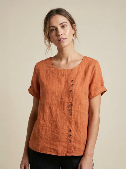 Rhonda | Women's Casual Scoop Neck Button Detail Short Sleeve Top – Short Sleeve, Casual