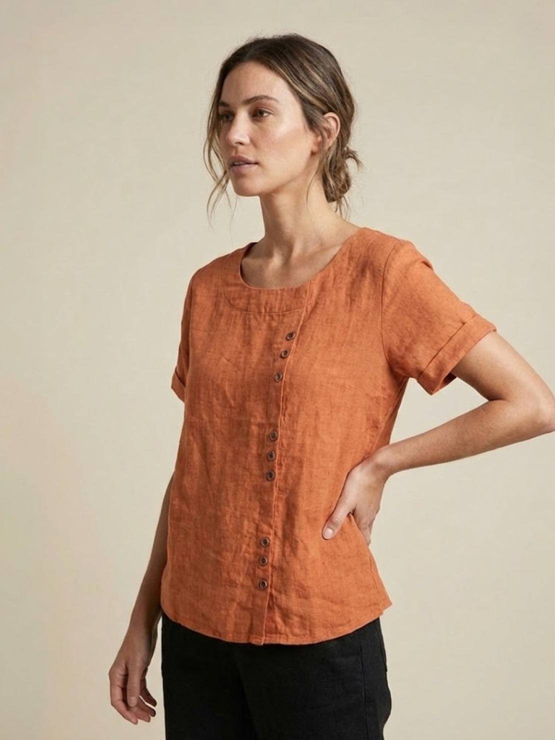 Rhonda | Women's Casual Scoop Neck Button Detail Short Sleeve Top – Short Sleeve, Casual