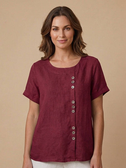Rhonda | Women's Casual Scoop Neck Button Detail Short Sleeve Top – Short Sleeve, Casual