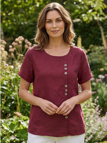 Rhonda | Women's Casual Scoop Neck Button Detail Short Sleeve Top – Short Sleeve, Casual