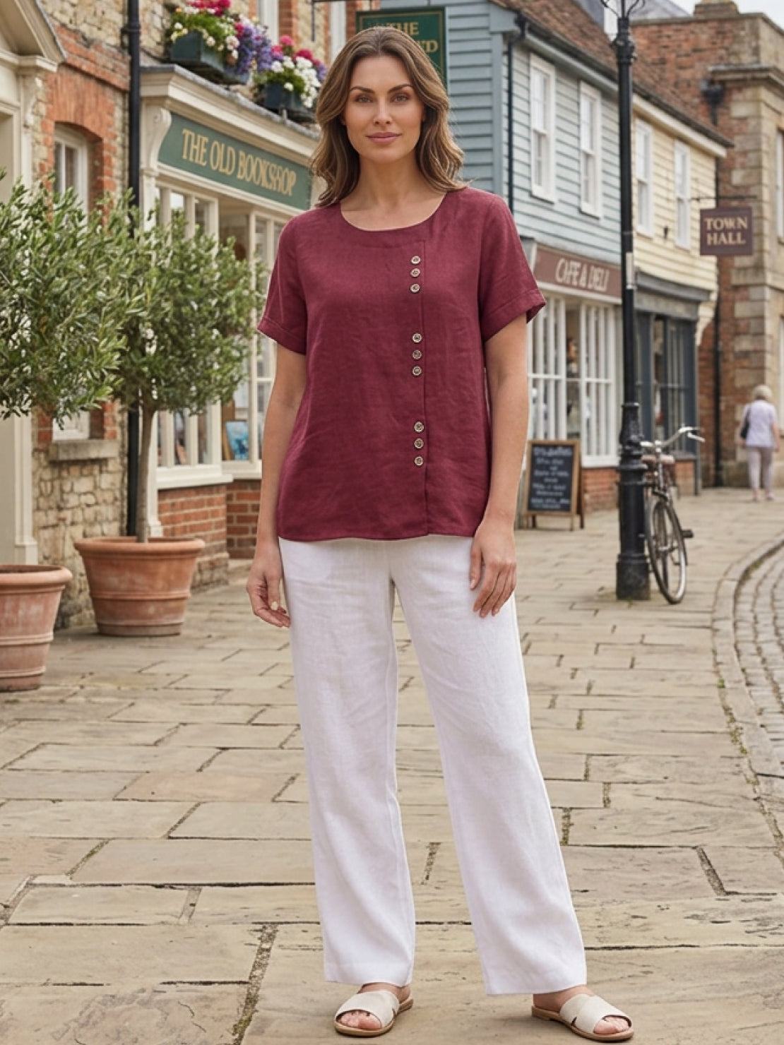 Rhonda | Women's Casual Scoop Neck Button Detail Short Sleeve Top – Short Sleeve, Casual