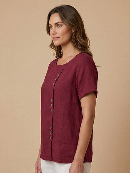 Rhonda | Women's Casual Scoop Neck Button Detail Short Sleeve Top – Short Sleeve, Casual