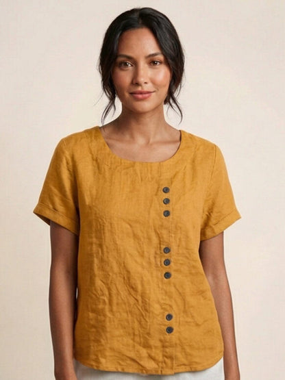 Rhonda | Women's Casual Scoop Neck Button Detail Short Sleeve Top – Short Sleeve, Casual