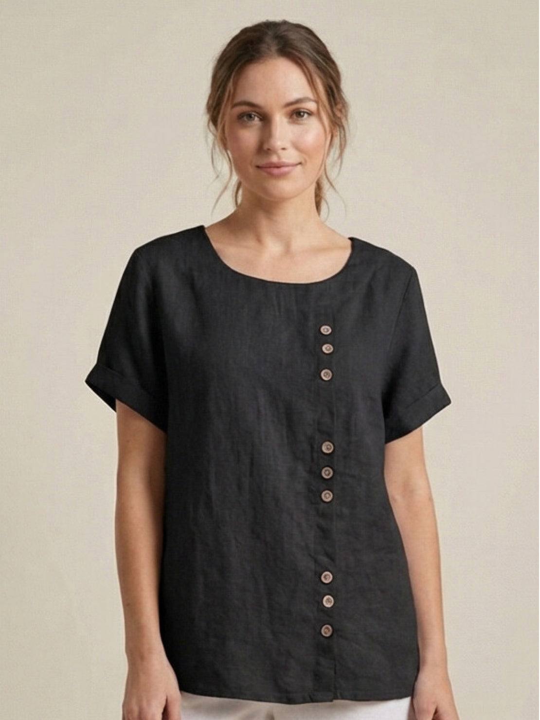 Rhonda | Women's Casual Scoop Neck Button Detail Short Sleeve Top – Short Sleeve, Casual