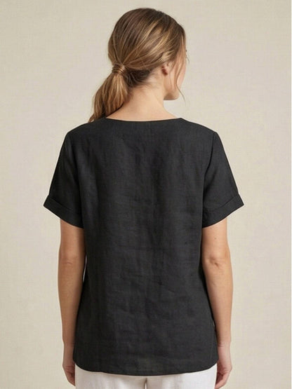 Rhonda | Women's Casual Scoop Neck Button Detail Short Sleeve Top – Short Sleeve, Casual