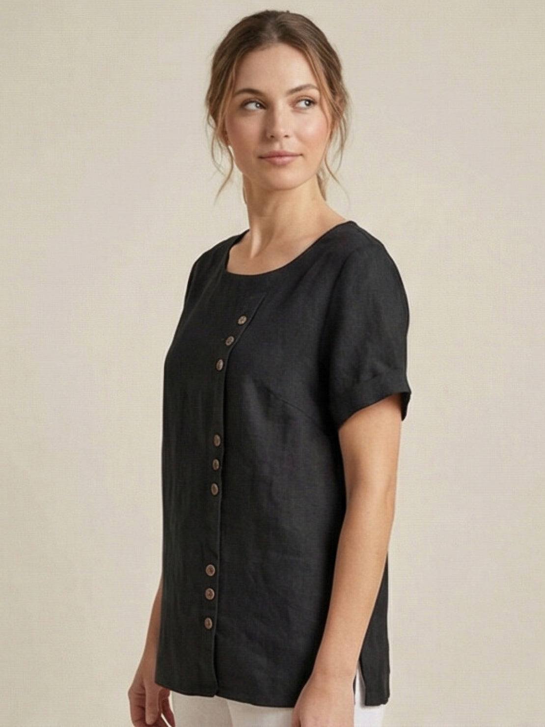 Rhonda | Women's Casual Scoop Neck Button Detail Short Sleeve Top – Short Sleeve, Casual
