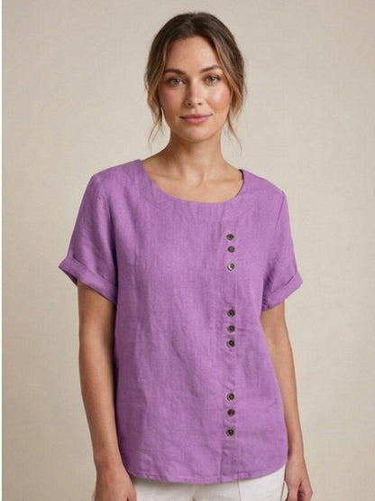 Rhonda | Women's Casual Scoop Neck Button Detail Short Sleeve Top – Short Sleeve, Casual