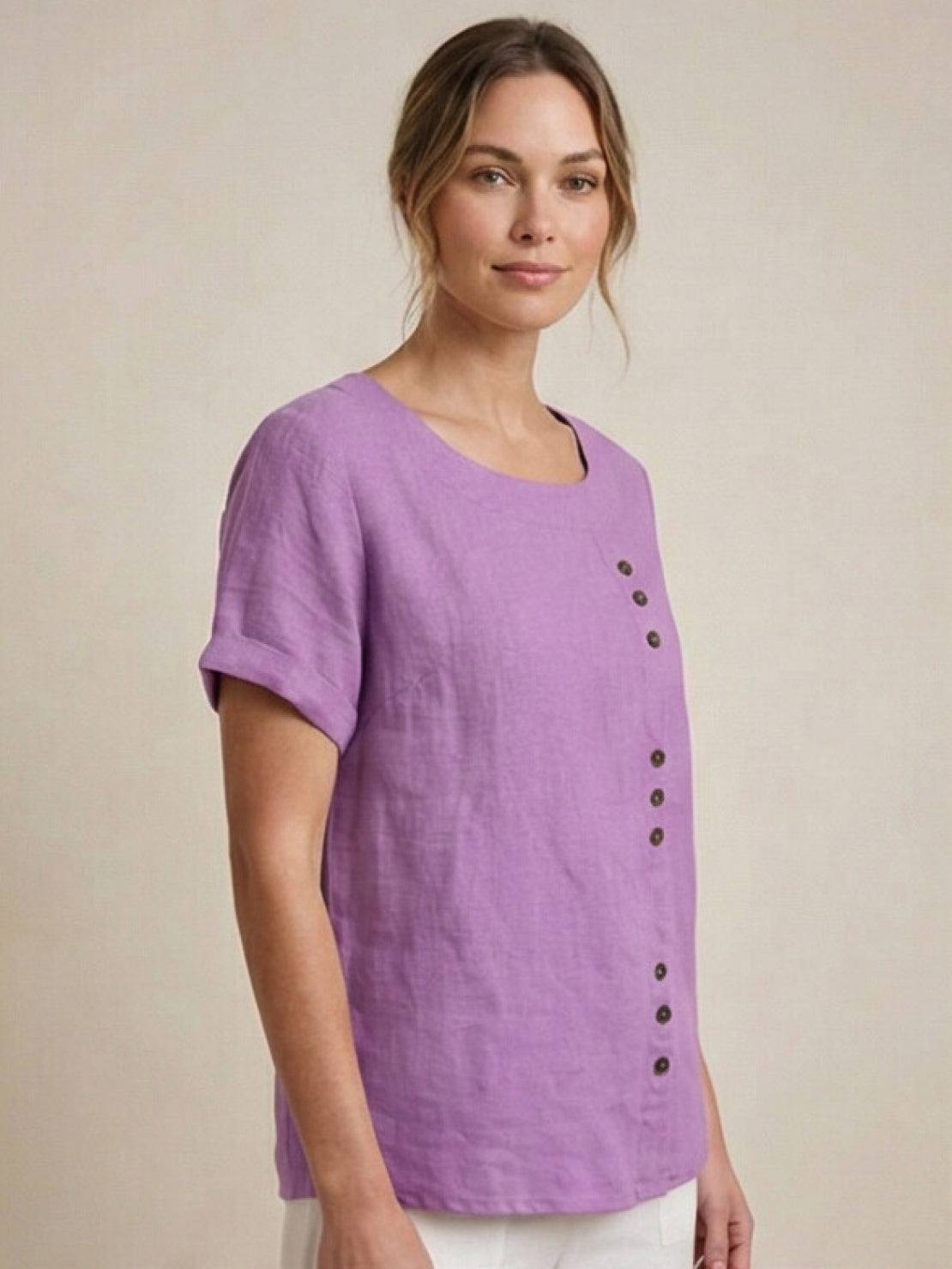 Rhonda | Women's Casual Scoop Neck Button Detail Short Sleeve Top – Short Sleeve, Casual