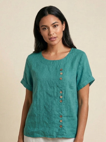 Rhonda | Women's Casual Scoop Neck Button Detail Short Sleeve Top – Short Sleeve, Casual