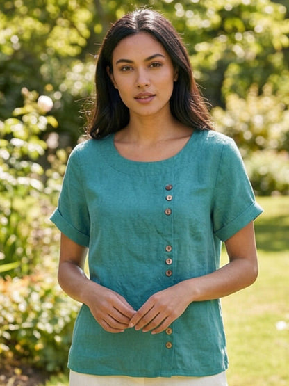 Rhonda | Women's Casual Scoop Neck Button Detail Short Sleeve Top – Short Sleeve, Casual