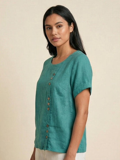 Rhonda | Women's Casual Scoop Neck Button Detail Short Sleeve Top – Short Sleeve, Casual