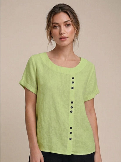 Rhonda | Women's Casual Scoop Neck Button Detail Short Sleeve Top – Short Sleeve, Casual