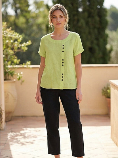 Rhonda | Women's Casual Scoop Neck Button Detail Short Sleeve Top – Short Sleeve, Casual