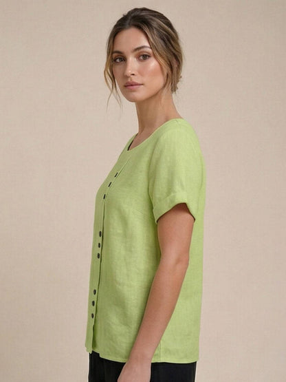 Rhonda | Women's Casual Scoop Neck Button Detail Short Sleeve Top – Short Sleeve, Casual