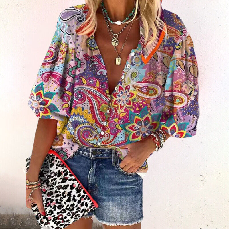 Penny | Women's Boho Print Blouse V-Neck Long Sleeve Button Down – Boho, V-Neck