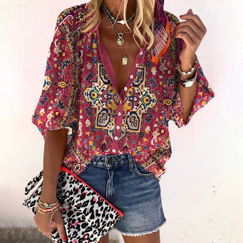 Penny | Women's Boho Print Blouse V-Neck Long Sleeve Button Down – Boho, V-Neck