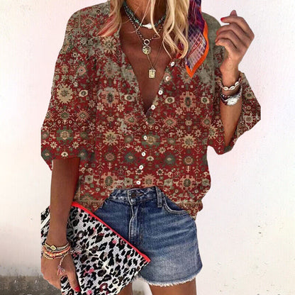 Penny | Women's Boho Print Blouse V-Neck Long Sleeve Button Down – Boho, V-Neck